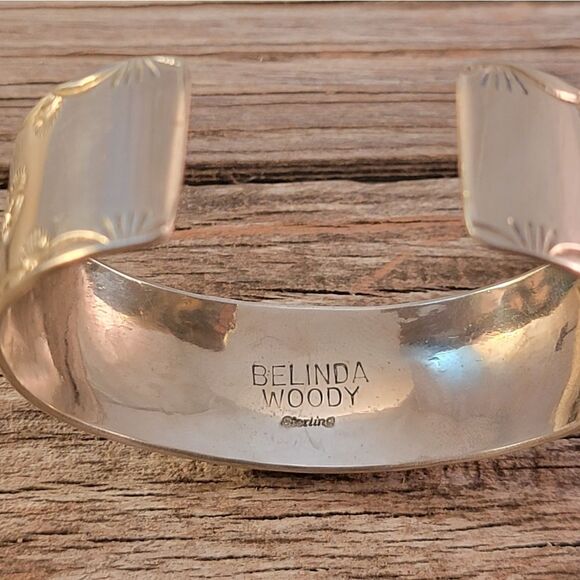 Belinda Woody Sterling Silver Navajo Stamped Wide Cuff Bracelet - Picture 9 of 10